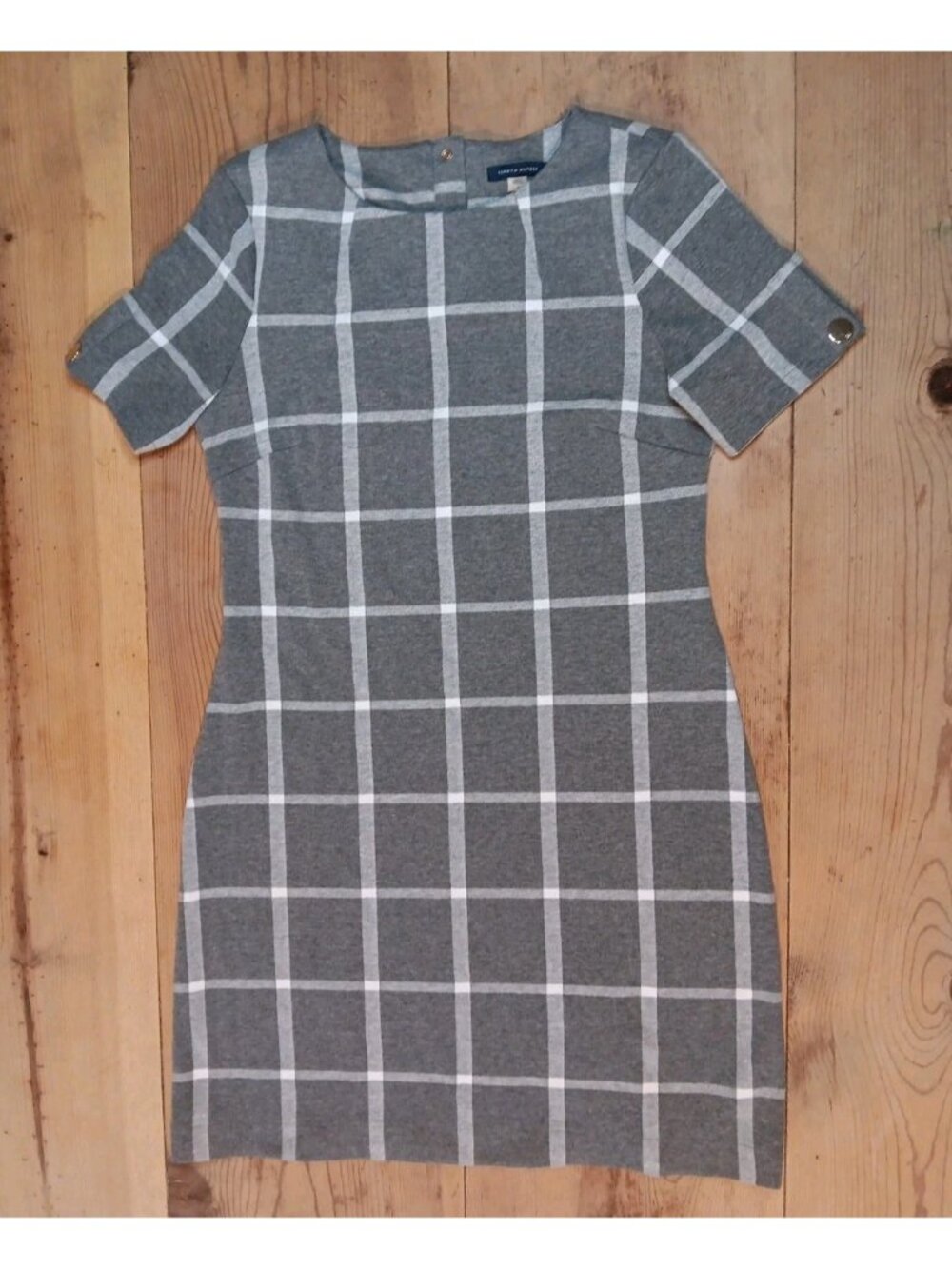 Tommy Hilfiger Womens 8 Sheath Mini Dress Gray Check Gold Snap Career Fall